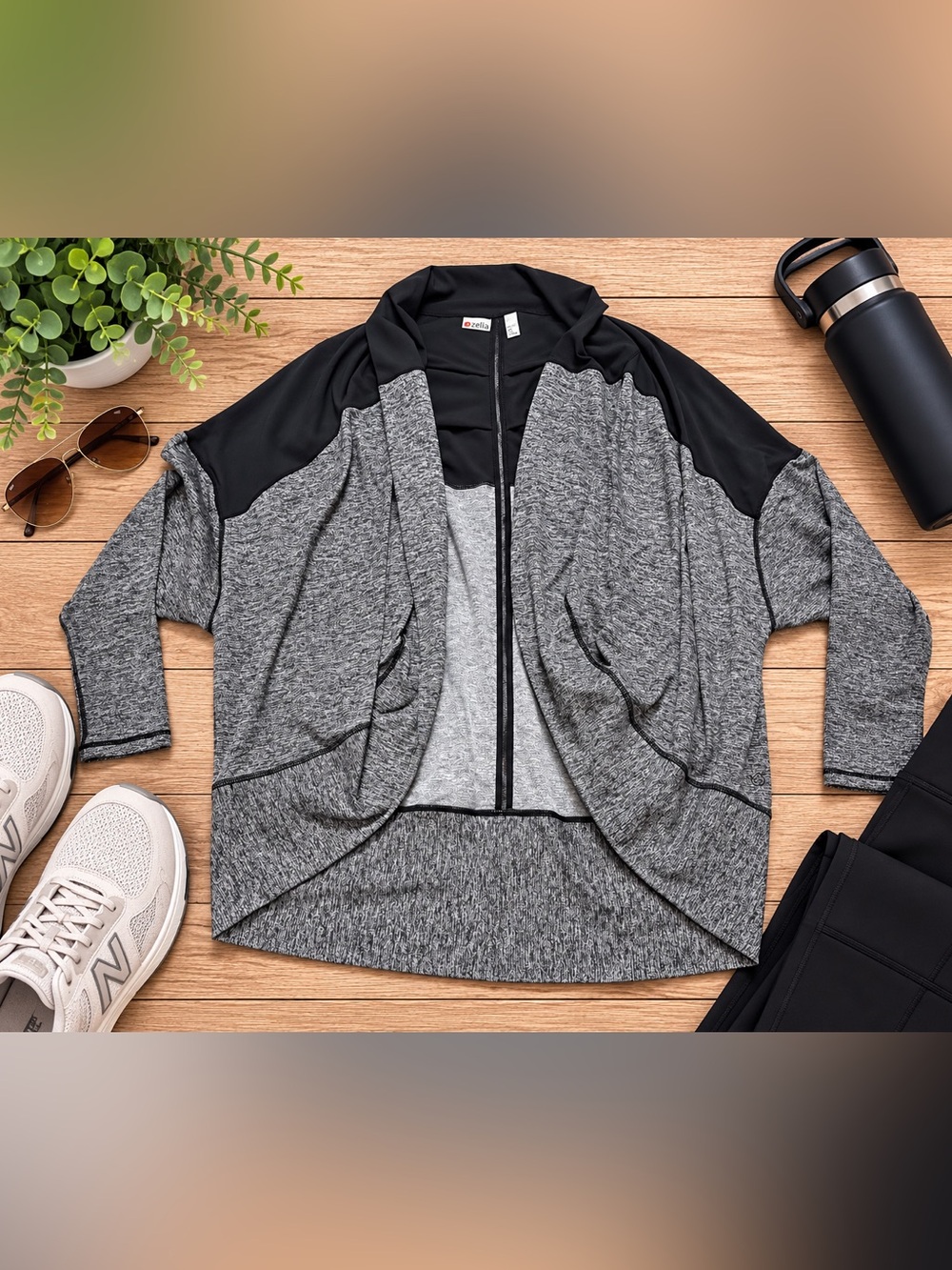 Zella 1X Gray Black Open Front Draped Cardigan Jacket Athleisure